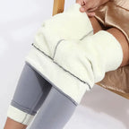 Cream-colored high stretch winter leggings with fleece lining and gray elastic cuffs by royale essence lux