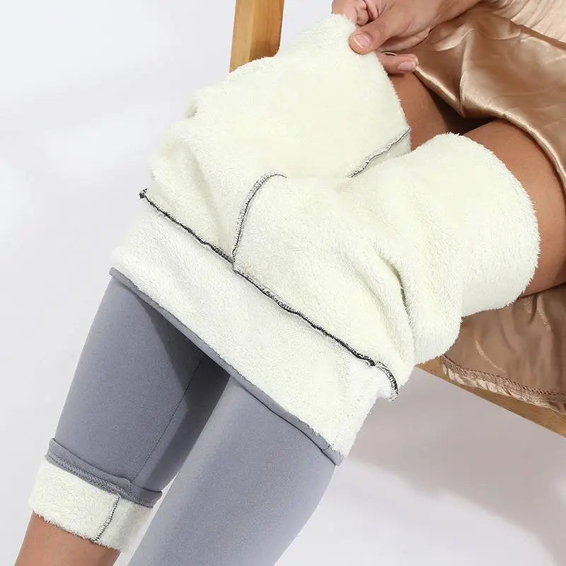 Cream-colored high stretch winter leggings with fleece lining and gray elastic cuffs by royale essence lux