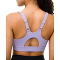 Lavender-colored high support workout fitness bra with adjustable straps and cutout back design shown from the back side