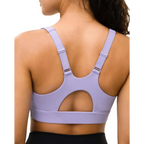 Lavender-colored high support workout fitness bra with adjustable straps and cutout back design shown from the back side