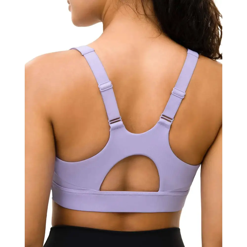 Lavender high support workout fitness bra with adjustable straps and cutout back design for support workout fitness