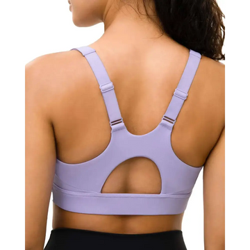 Lavender high support workout fitness bra with adjustable straps and cutout back design for support workout fitness