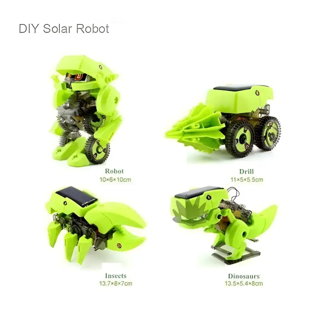 Lime green plastic high tech diy solar powered dinorobot kit with four transformable models including robot and dinosaur