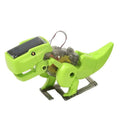 Bright green plastic high tech diy solar powered dinorobot with solar panel on head and visible internal gears