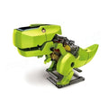 Bright lime-green high tech diy solar powered dinorobot t-rex with exposed gears on metallic base