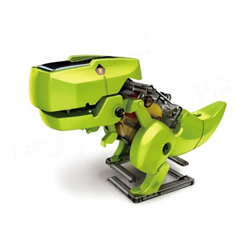 Bright lime-green high tech diy solar powered dinorobot t-rex with exposed gears on metallic base