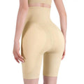 Beige high waist shapewear shorts with tummy control and butt lifting features in smooth seamless fabric