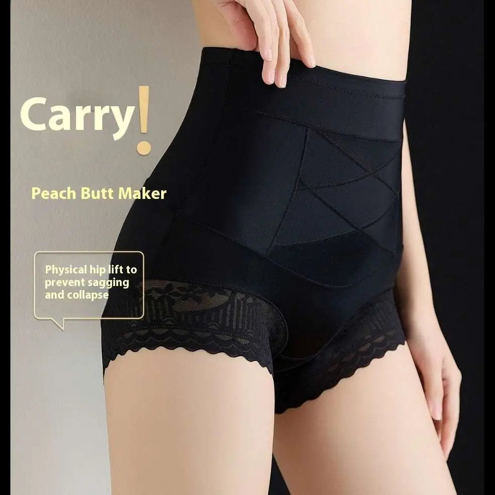 Black high waist body shaping leggings with hip lifting effect and lace trim featuring geometric paneling