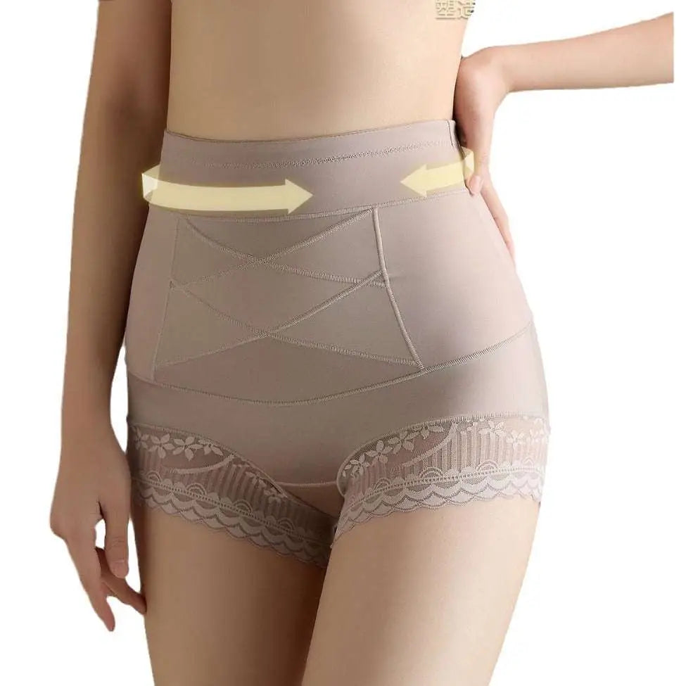 Beige high waist body shaping leggings with hip lifting effect, lace trim, and diagonal seam design