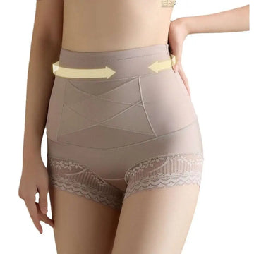 Beige high waist body shaping leggings with hip lifting effect, lace trim, and diagonal seam design