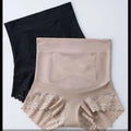 Beige high waist body shaping leggings with lace trim and cross-stitch detailing for hip lifting effect