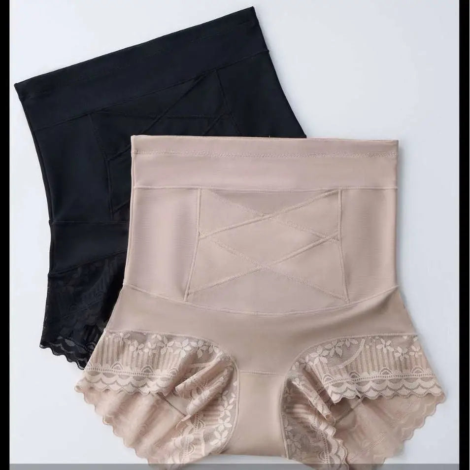 Beige high waist body shaping leggings with lace trim and cross-stitch detailing for hip lifting effect