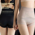Beige high waist body shaping leggings with tummy tuck, lace trim, and geometric paneling for hip lifting effects