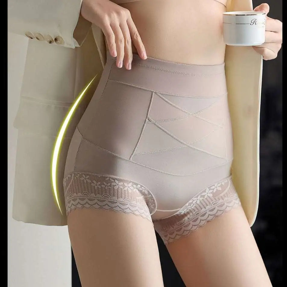 Beige high waist body shaping leggings with hip lifting effect lace trim and geometric paneling