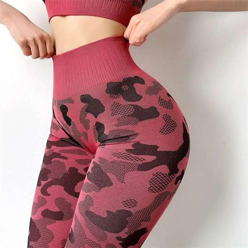 Pink and black camouflage patterned high waist hip lifting fitness pants stretch set with ribbed waistband