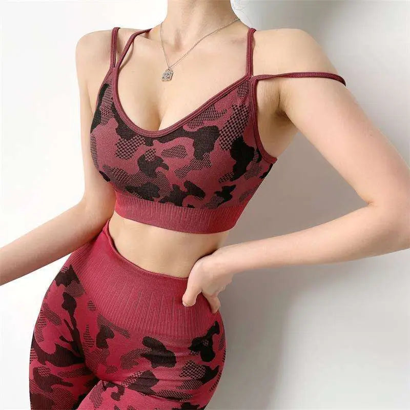 A maroon and black camouflage patterned knit two-piece hip lifting fitness pants stretch set with thin straps