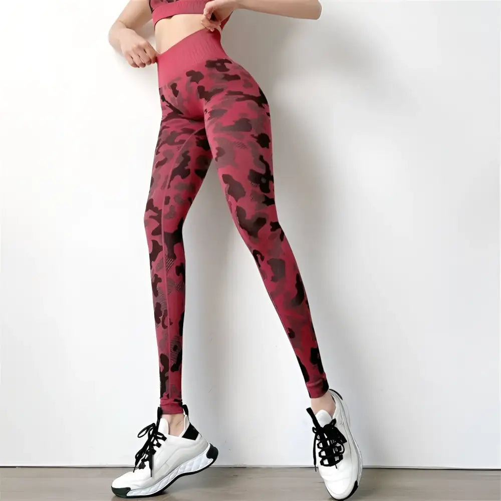 High waist camouflage patterned hip lifting fitness leggings in red and black stretch pants set