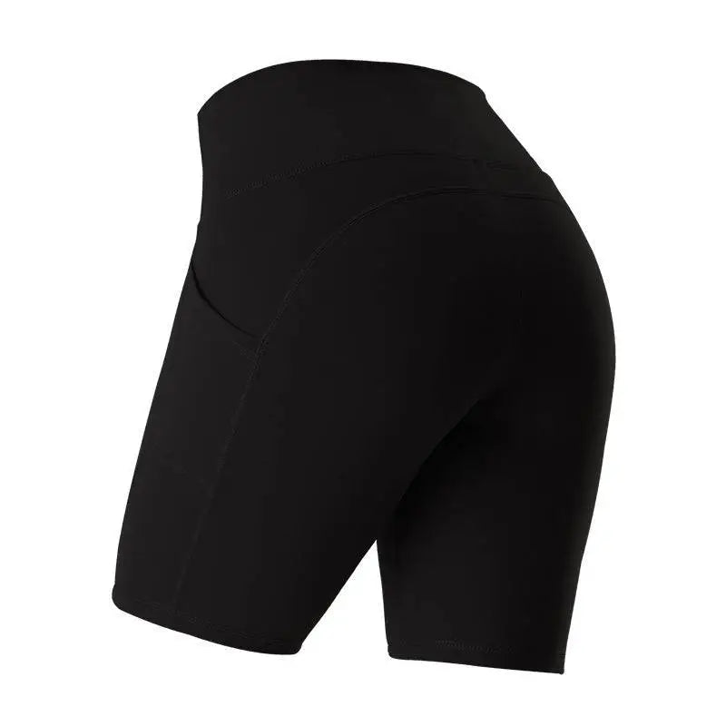 Black high waist fitness athletic yoga pants with a sleek form-fitting design and a functional side pocket
