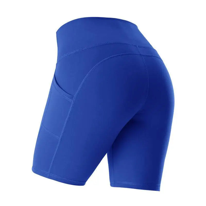 Royal blue high waist fitness athletic yoga pants with form-fitting design and side pockets for gym workouts