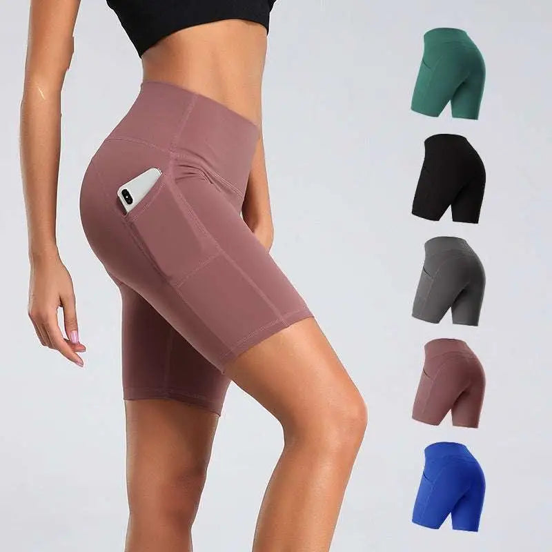 A mauve high waist fitness athletic yoga pant with side pocket shown with gray high waist and other color options