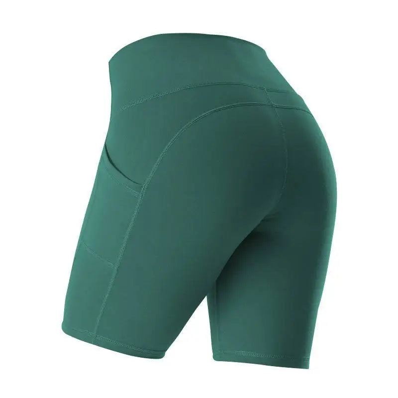 Dark green high waist fitness athletic yoga pants with seamless construction and side pocket for gym workouts