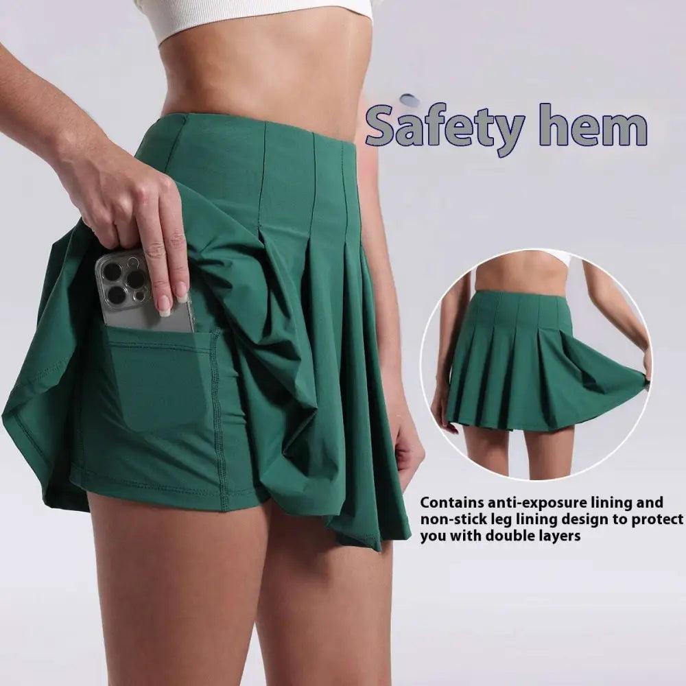 A vibrant green pleated skirt with safety hem and side pocket designed for fitness yoga exercise and aerobics high waist use
