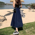 Dark blue high waist flared denim skirt women’s mid-length with a straight cut and durable denim material