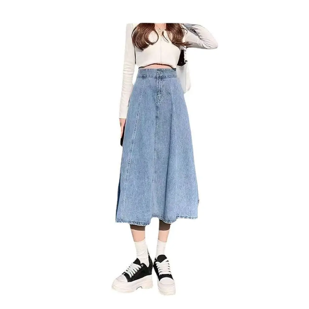 Dark blue denim skirt women’s mid-length with high waist flared silhouette in durable denim material