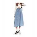 Light-wash denim skirt women’s mid-length with high waist flared design and side slit for stylish comfort