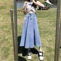 Light-wash denim skirt women’s mid-length high waist flared design in a wide-leg cut made from denim material