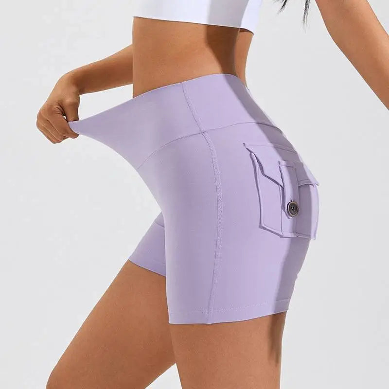 Lavender high waist hip lifting shorts featuring a buttoned side pocket for secure storage during workouts