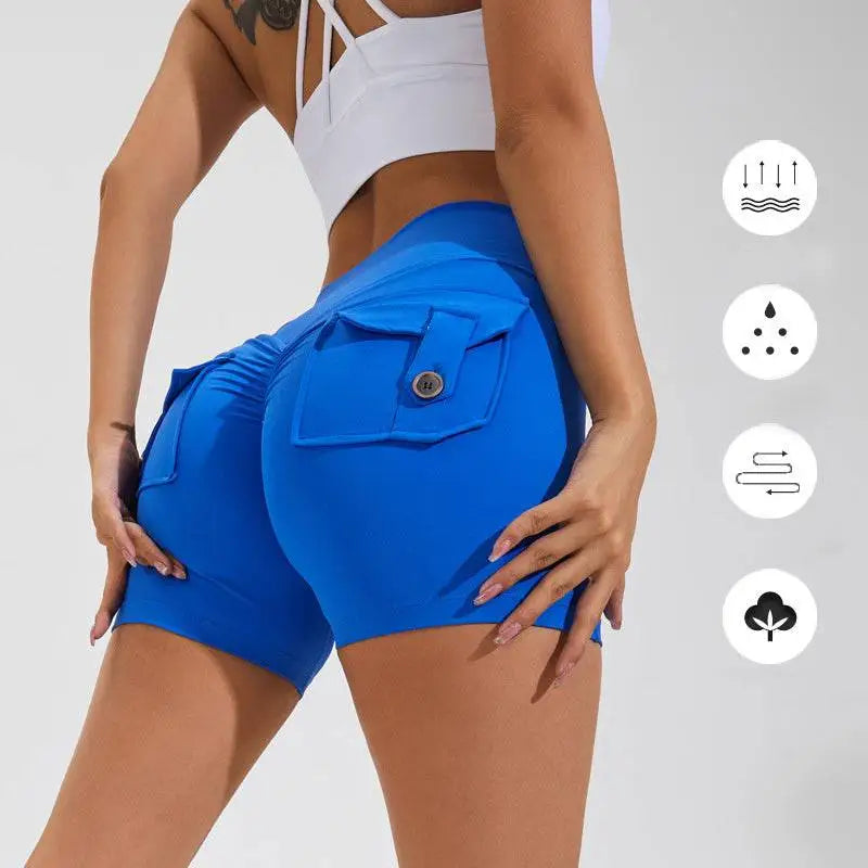 Bright blue high waist hip lifting shorts with front pocket and button closure for workout and active wear