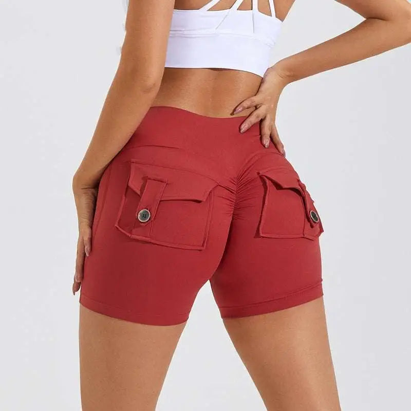 Red high waist hip lifting shorts with two buttoned cargo pockets on the back ideal for activewear