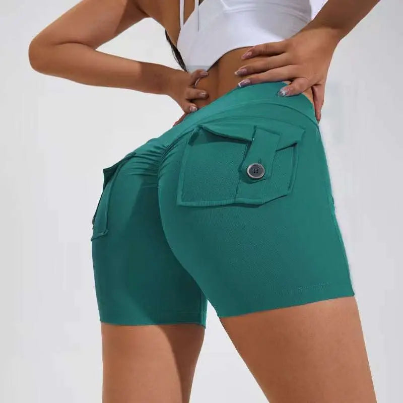 Teal high waist hip lifting shorts with buttoned pocket and ruched back designed for activewear use