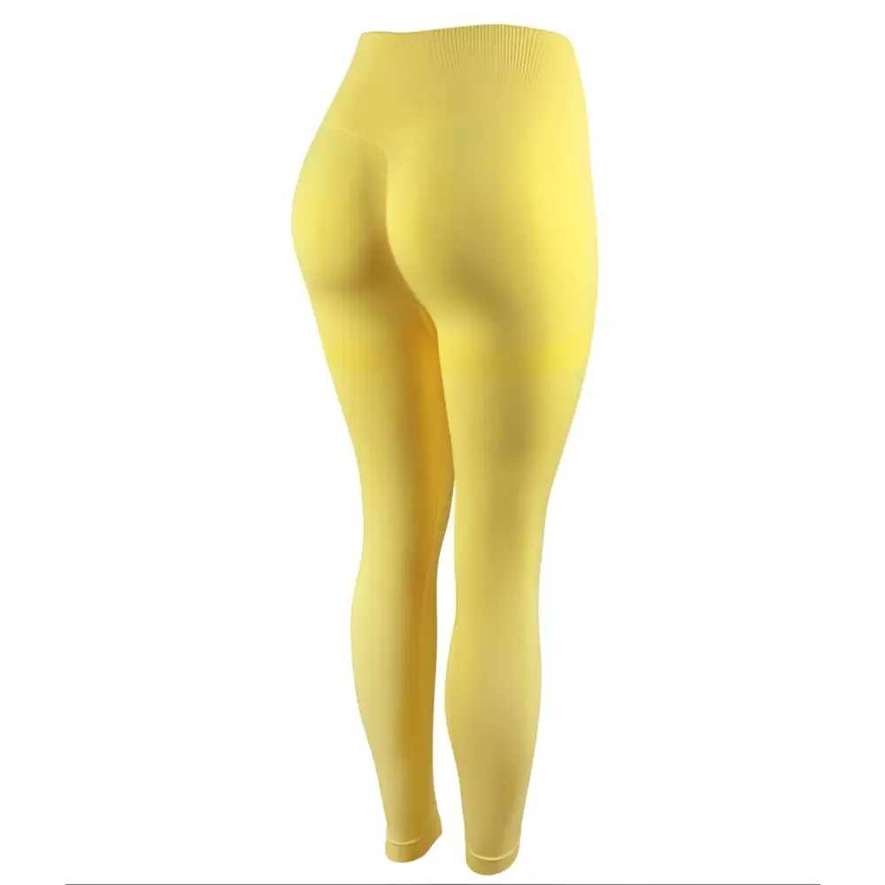 High waist peach hip yoga pants in bright yellow with ribbed waistband and smooth stretchy fabric for active wear