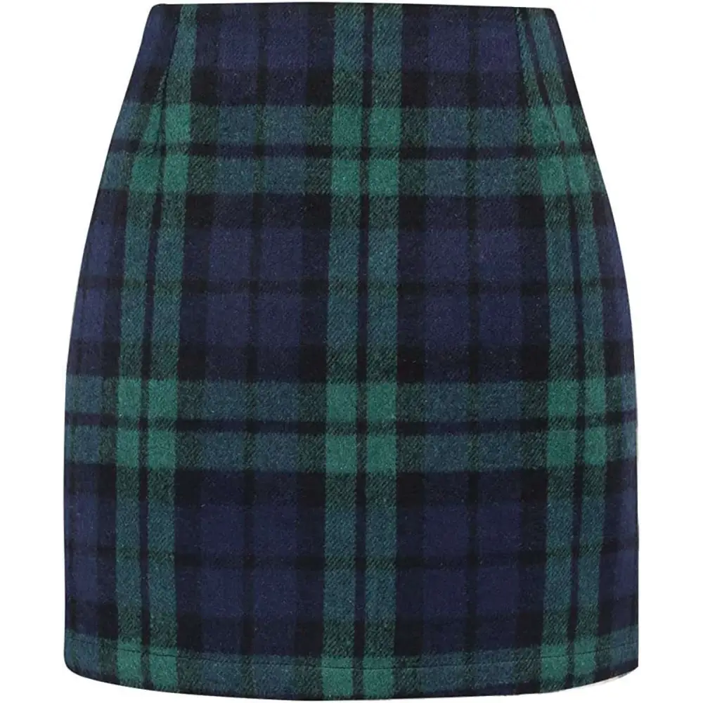 High waist plaid tight pencil wool mini skirt in navy blue and green tartan pattern for stylish wear
