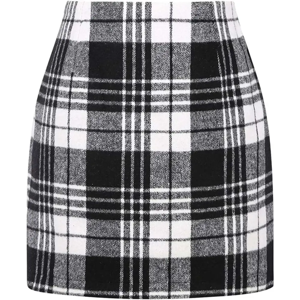 High waist plaid tight pencil wool mini skirt in black and white with textured wool-like fabric detail