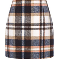 A cozy high waist plaid tight pencil wool mini skirt in navy blue cream and rust stripes with classic pattern