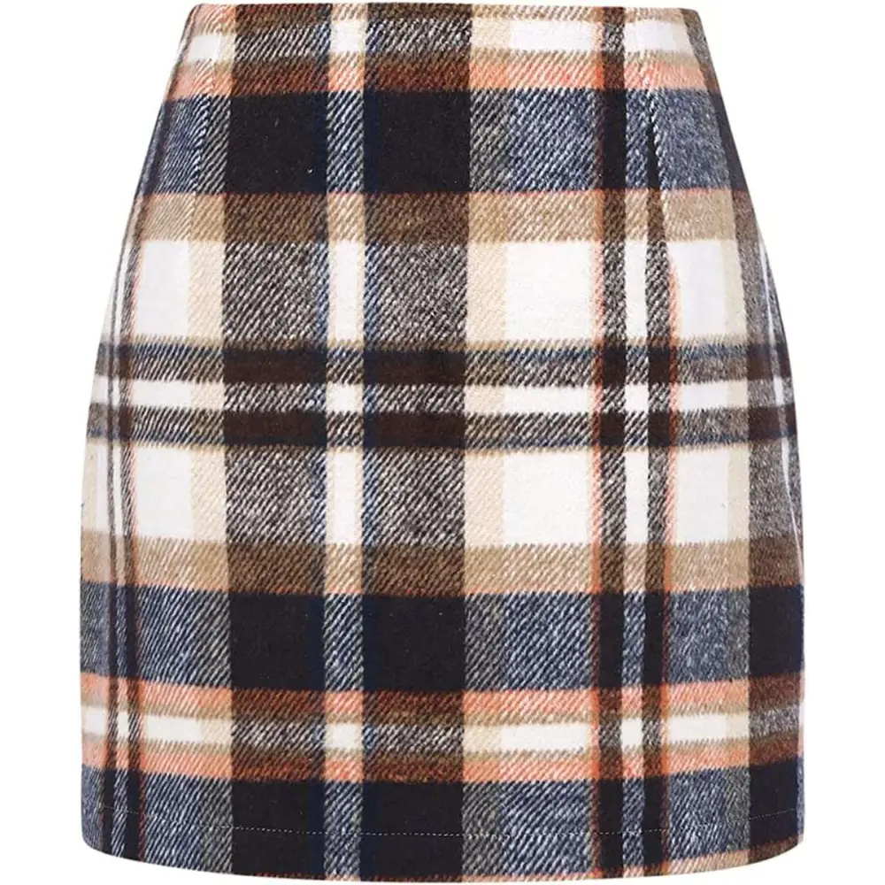 A cozy high waist plaid tight pencil wool mini skirt in navy blue cream and rust stripes with classic pattern