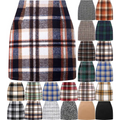 A high waist plaid tight pencil wool mini skirt in navy blue beige and white wool blend with a bold pattern