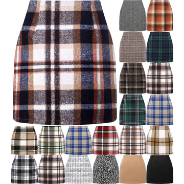 A high waist plaid tight pencil wool mini skirt in navy blue beige and white wool blend with a bold pattern