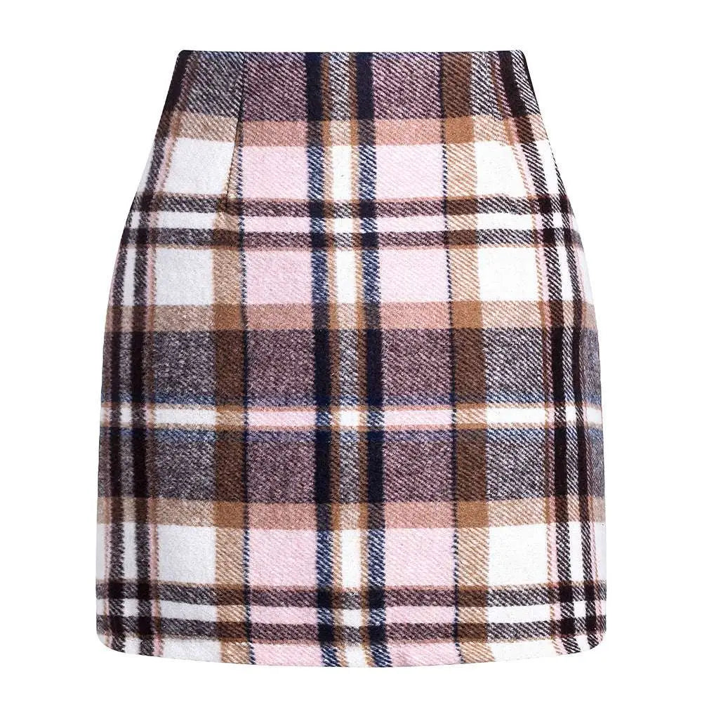 A cozy high waist plaid tight pencil wool mini skirt in soft pink and brown with white accents