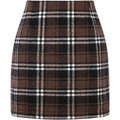 High waist plaid tight pencil wool mini skirt in brown black and white wool fabric for stylish wear