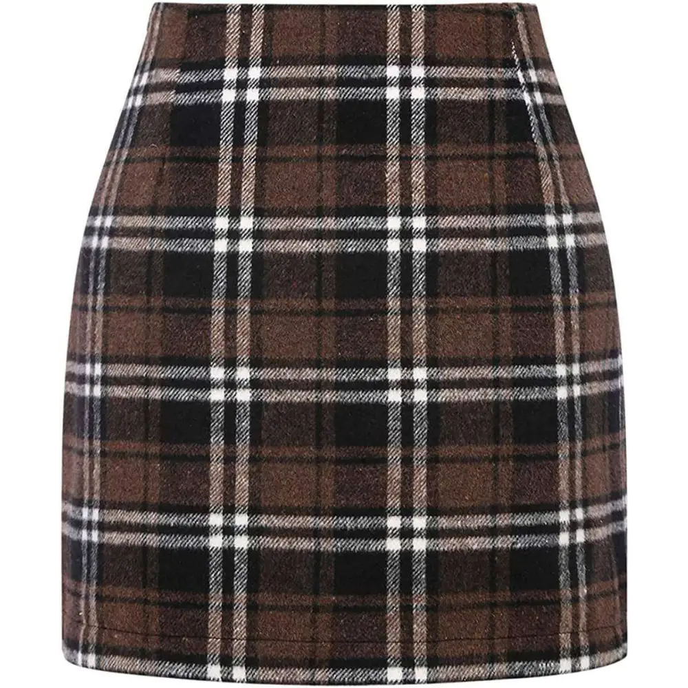 High waist plaid tight pencil wool mini skirt in brown black and white wool fabric for stylish wear