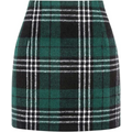 High waist plaid tight pencil wool mini skirt in dark green and black with white accents