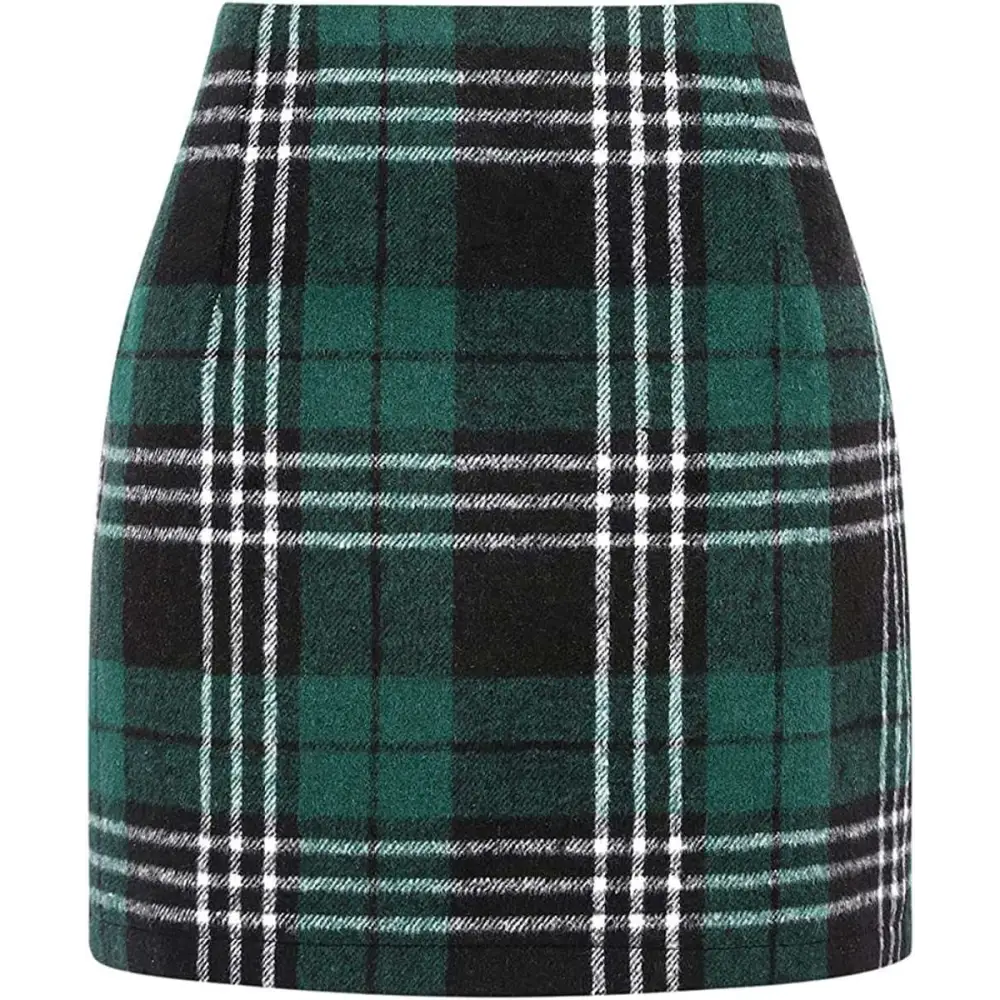 High waist plaid tight pencil wool mini skirt in dark green and black with white accents