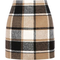 A cozy high waist plaid tight pencil wool mini skirt in beige black white and gray tones with a classic pattern