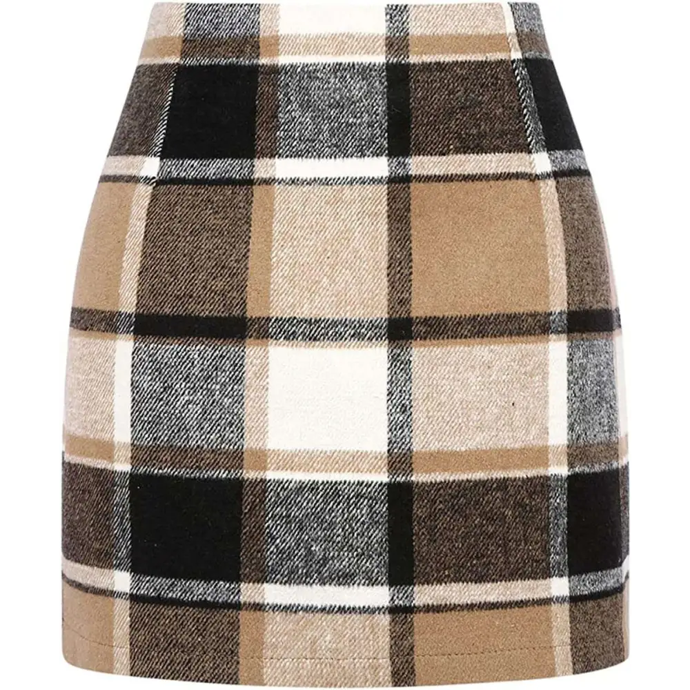 A cozy high waist plaid tight pencil wool mini skirt in beige black white and gray tones with a classic pattern