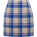 High waist plaid tight pencil wool mini skirt in blue and beige made of textured wool blend fabric