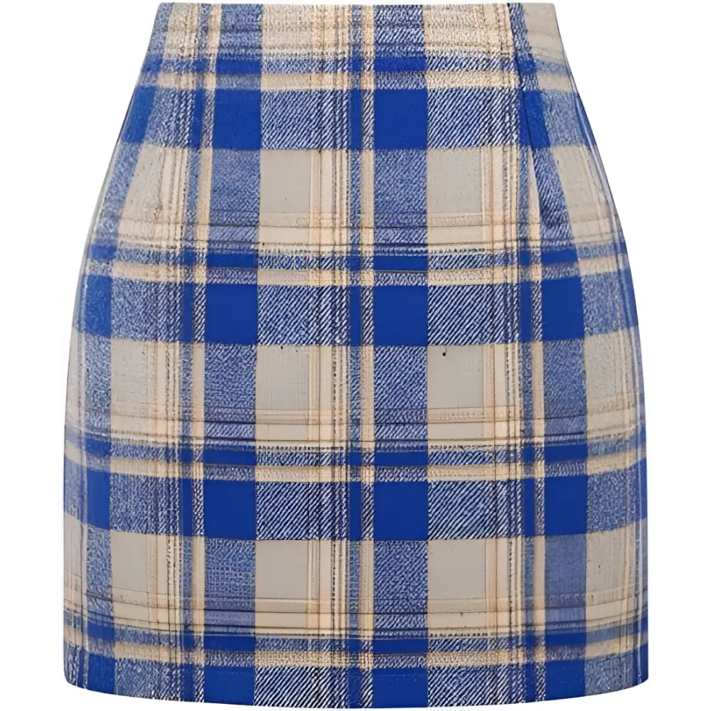 High waist plaid tight pencil wool mini skirt in blue and beige made of textured wool blend fabric
